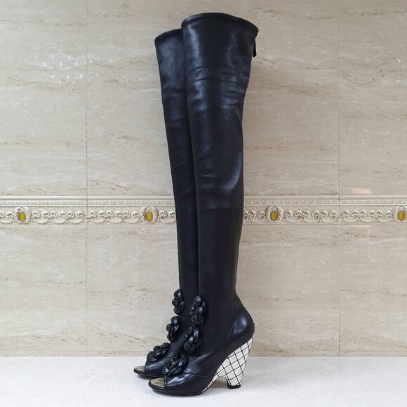 Chanel Black Leather Camellia Wedge Over The Knee Boots Sz. 37 - Picture 1 of 13